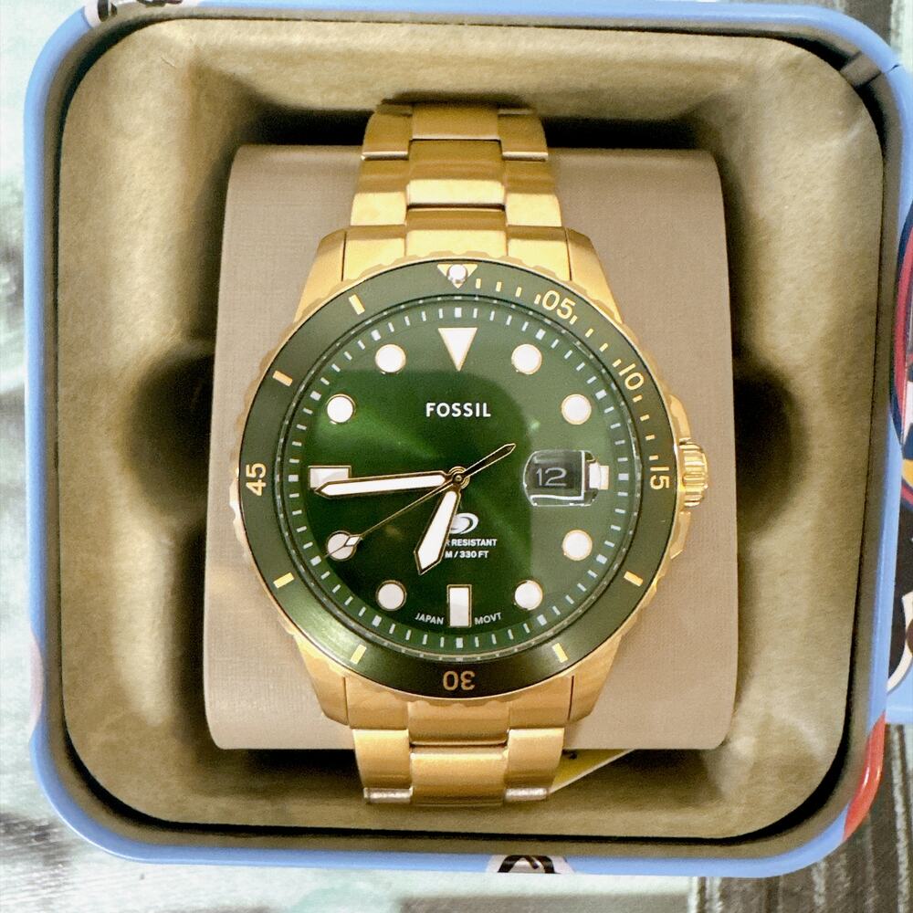 Fossil FS6030 Blue Dive Gold‑Tone Stainless Steel Men’s Diver Watch Green Dial